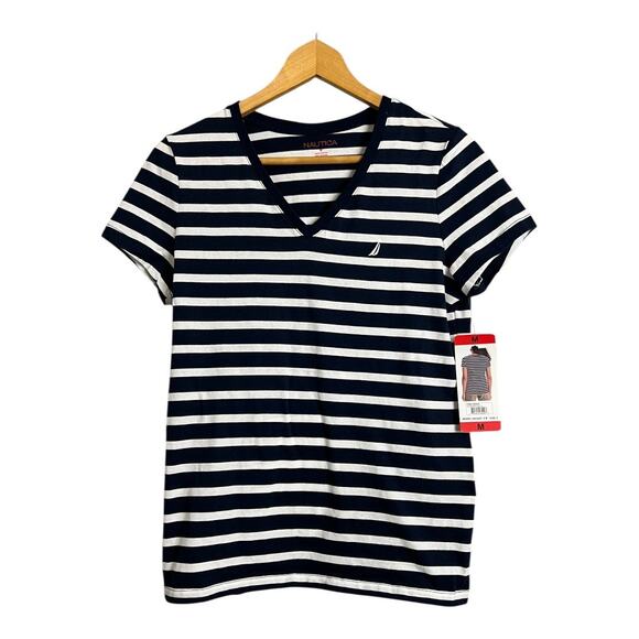 Nautica Womens T-Shirt Tee Shirt Casual Comfy Basic Blue White NWT Breton Stripe - Picture 1 of 5